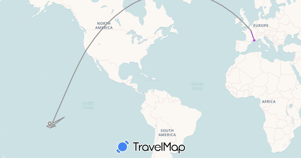 TravelMap itinerary: driving, plane, train, boat, motorbike in France, French Polynesia, United States (Europe, North America, Oceania)